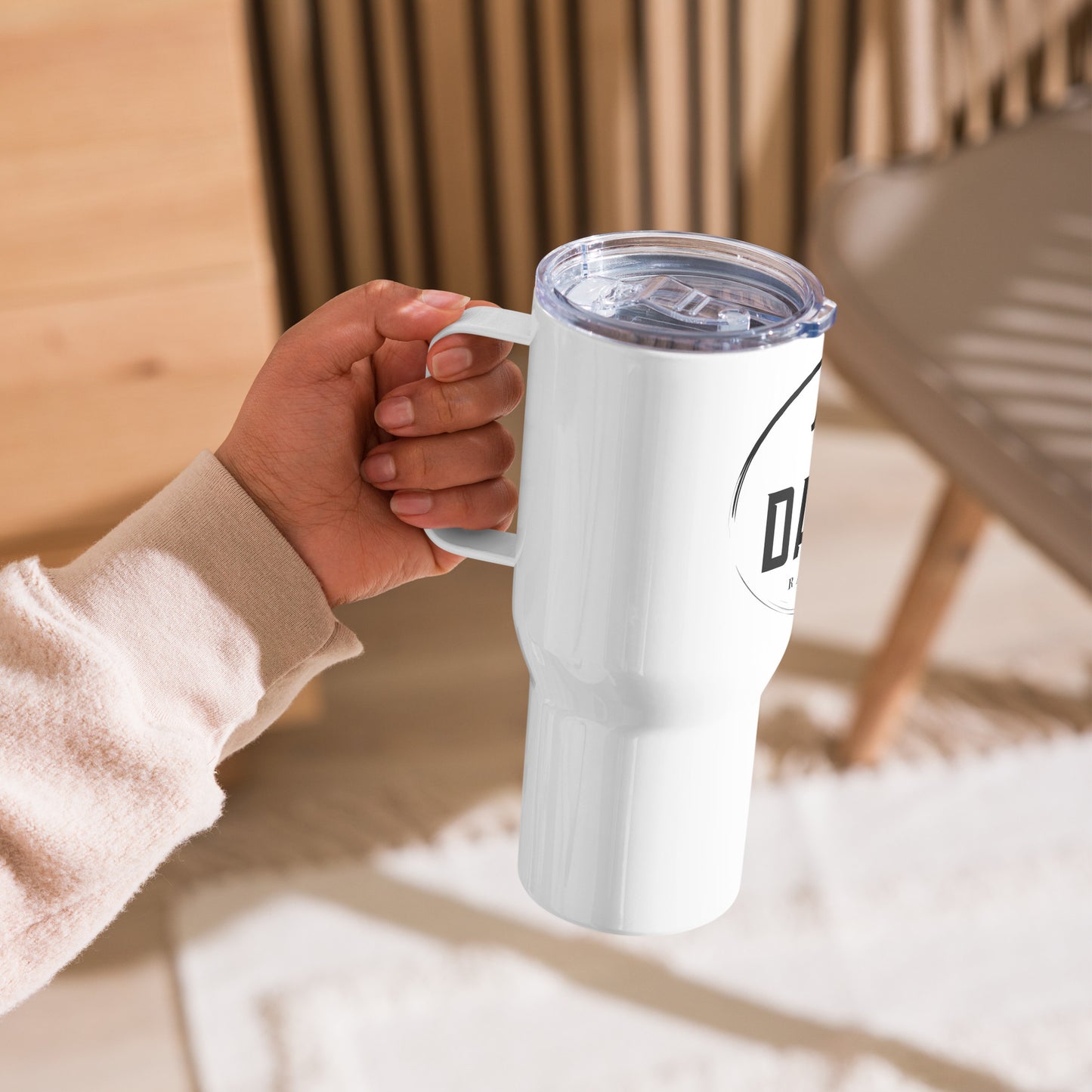 Travel mug with a handle and Davis Logo